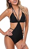 ALove Women Cut Out One Piece Swimsuit Halter Backless Bathing Suit Black Small