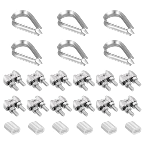 TOP-VIGOR M3 Wire Rope Accessory Set for 1/8" Dia Wire Rope, 12Pcs Wire Rope Cable Clip Clamp, 6Pcs Thimble Rigging, 6Pcs Aluminum Crimping Loop Sleeve