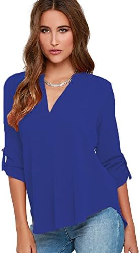 LOSRLY Women's Loose Solid Chiffon Blouses V Neck Cuffed Sleeve Shirts Tops