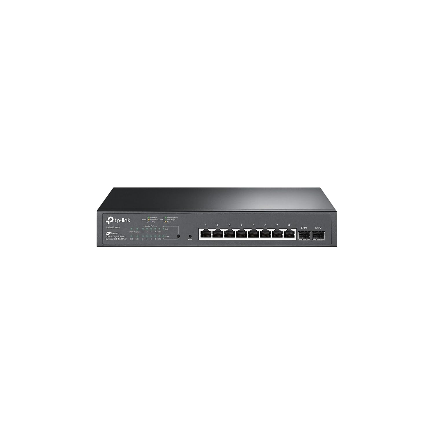 TP-Link TL-SG2210MP | Conmutador PoE gestionado inteligente Jetstream de 10 puertos Gigabit | 8 puertos PoE+ a 150 W, 2 ranuras SFP | Omada SDN integrado | Recuperación PoE | IPv6 | Enrutamiento estático | Protección limitada de por vida