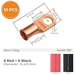 SELTERM 10pcs - 1 Awg - 3/8" Stud - Battery Lugs