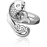 Good Luck Koi Fish Statement Ring for Women Men Vintage Silver High Polish Open Spray Charm Wrap Finger Band Expandable Stacking Rings Hypoallergenic Comfort Fit Unique Amulet Jewelry Best Friends