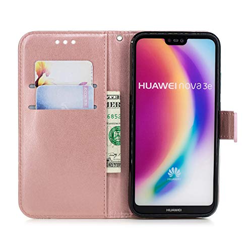 Glitter Leather Case for Huawei P20 Lite,Wallet Flip Cover for Huawei P20 Lite,Herzzer Stylish Elegant Rose Gold Diamond Butterfly Print with 3D Crystal Flower Magnetic Stand Case - Thumbnail 7