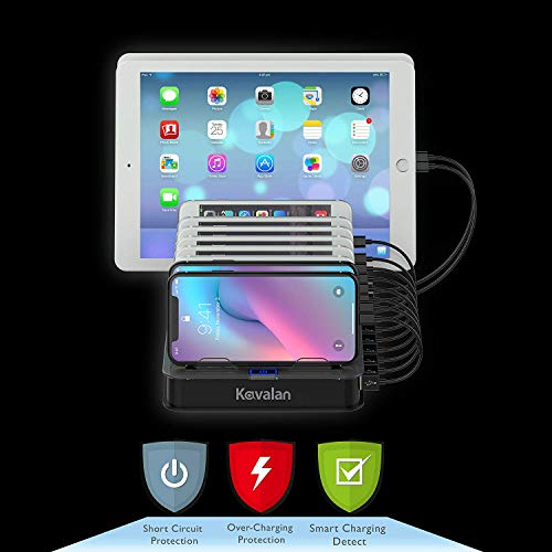 Kavalan 10 Port USB Charging Station Dock & Organizer, Universal Desktop Tablet & Smartphone Multi-Device 10 Port USB Charger Hub with Auto Detect Smart Rapid Charg (10 Port+65W/Support 10iPad/Black)