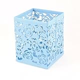 SODIAL(R) Light Blue Hollow Rose Flower Square Metal Pen Pencil Pot Holder Organizer