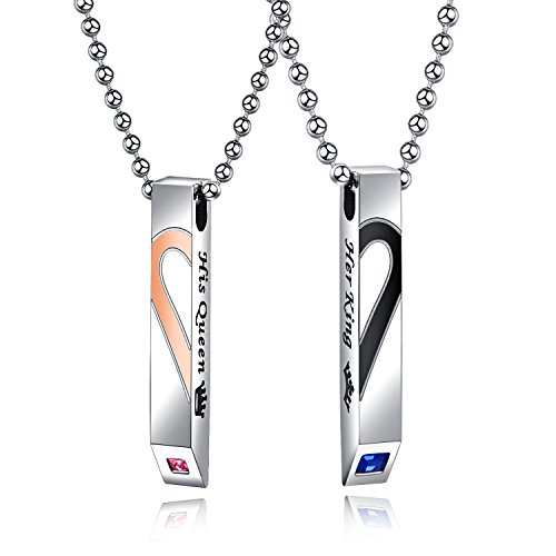 GAGAFEEL Couple Necklaces K & Q Crown Stainless Steel His Hers Puzzle Bar Pendant Anniversary Promise Gift (St