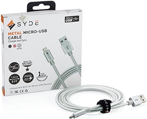 SYDE METAL Micro USB Cable 2.0 (5ft) - Reinforced, Quick Charge 3.0 Compatible, Premium, Military-Grade, Double-Nylon Braided, rapid charger for Samsung, Nexus, Motorola, Android (Silver)