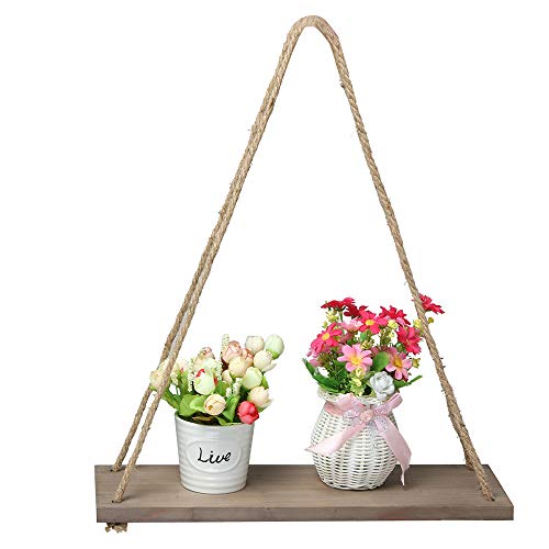 Lebeauty 17-Inch Wood Hanging Swing Rope Plant Shelf Flower Display Stand Vintage Floating Shelves Set of 2 Brown for Indoor&Outdoor Garden Balcony Window Decoration Brown 17x5.2x117inch