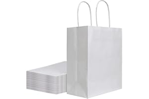 bagmad 50 Pack 8x4.75x10 inch Medium White Kraft Paper Bags with Handles Bulk, Gift Bags, Craft Grocery Shopping Retail Birthday Party Favors Wedding Sacks Restaurant Takeout, Business (50Pcs)
