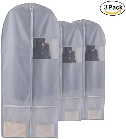 Garment Bag, Chacca Long Garment Bags with Full Zipper, Small Clear Window and Pockets, Fodable Flexible for travel,3 Pack, 23"x51" Light Grey