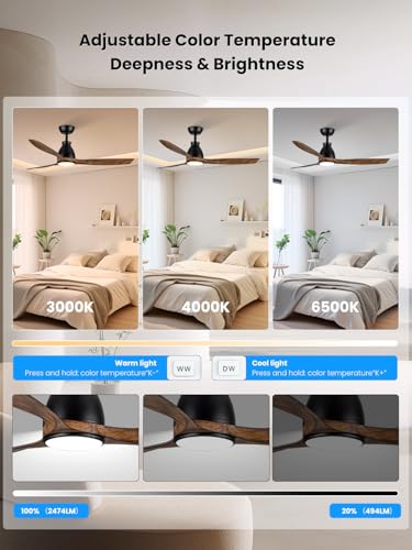 Newday DC Motor Ceiling Fan with LED Lighting Remote Control Quiet, 132 cm Ceiling Fan Woody with Lamp, Ceiling Fans with Light Dimmable, 3 ABS Blades for Bedroom, Living Room