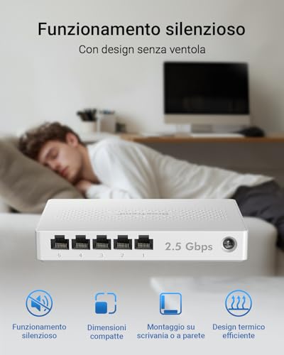 BrosTrend 2.5GB Ethernet Switch 5 Ports, Unmanaged Switch Ethernet 2.5 Gigabit, 2.5G Hub Splitter, Plug and Play, Fanless, Ideal for Home/Soho Network, Desktop or Wall, Lifetime Warranty