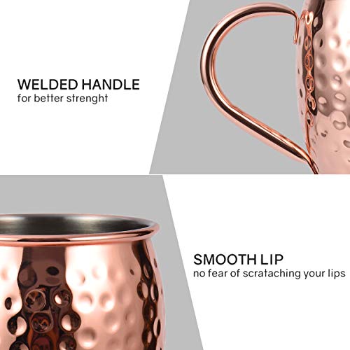 Eligara Moscow Mule Kupferbecher-Set, handgefertigt, lebensmittelecht, Kupferbecher für Moscow Mule Cocktail, 473 ml, Geschenk-Set mit 1 Schnapsglas, 4 Strohhalmen und 4 Untersetzern, 4 Stück – Bild 4