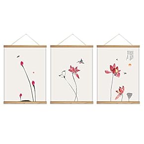 3 Panel Hanging Poster with Wood Frames Lotus Canvas Artwork Wall Picture Home Decoration - 18"x24"x3 Panels