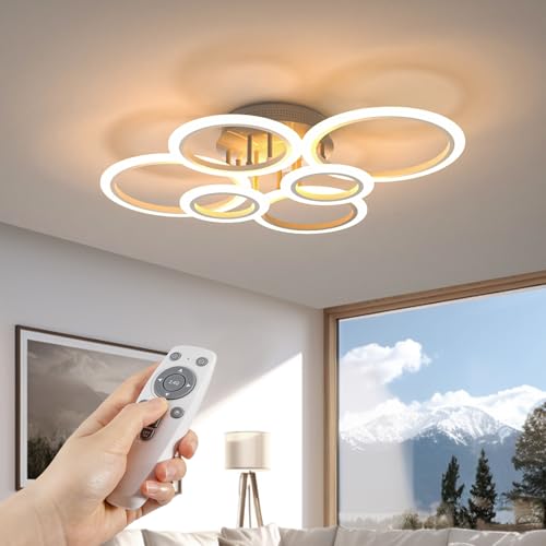 RUYI 72W Living Room Ceiling Lamp, 6 Rings Modern LED Ceiling Light with Remote, 6400LM | 2800-7000K, brillo 5-100% ajustable, memoria ligera, CRI 90+, para salón/dormitorio/cocina/sala de estar/pasillo/comedor