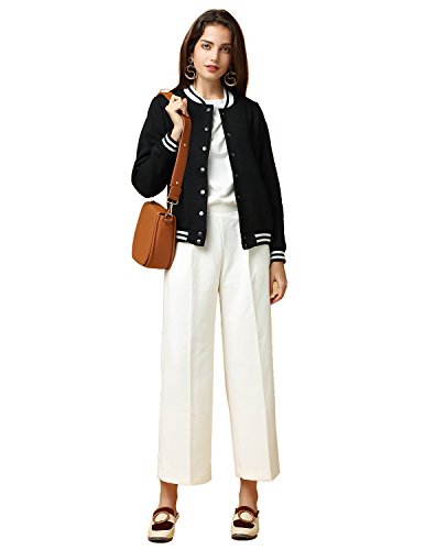 ASMAX HaoDuoYi Womens Varsity Ribbed Color Block Long Sleeve Baseball Bomber Jacket Black