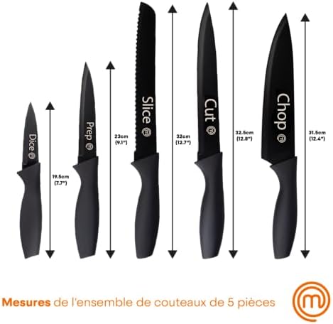 MasterChef Set Couteau Cuisine, Couteaux compris le Hachoir, Office, Chef, Legume & Eplucheur, Set Noir Inox avec Poignées Confortables, Collection Antirouille, Noir with captions, 5 Pièces