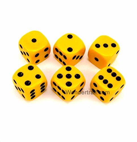 WKP10887E6 Yellow Opaque Dice with Black Pips D6 16mm (5/8in) Rounded Corners Pack of 6 Dice Koplow Games