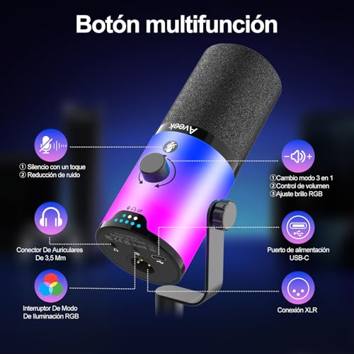 Aveek Dynamic USB/XLR Microphone with Arm for Gaming & Streaming | RGB Lighting, Noise Cancellation, One Touch Silence, Monitor Mix and Headphone Jack for PC & PS5