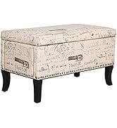 Adeco 32 inch Rectangular Storage Ottoman Bench,Script Printed Linen Upholstered Ottoman Foot Res...
