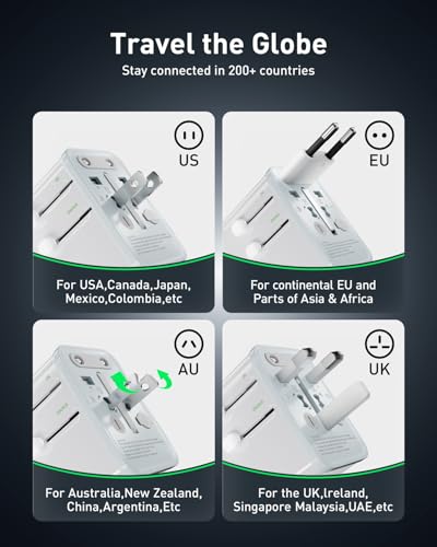 Travel Adapter, Worldwide Universal Charger with European Plug GAN 30W, 4 Ports (1 AC, 1 USB-A, 2 USB-C), for USA, Europe, UK, Australia, Japan, White