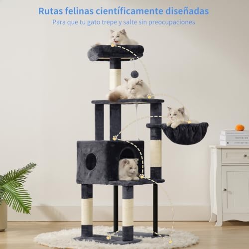 Rascador para Gatos, Árbol para Gatos De 125 Cm, Torre De Gato Espaciosa Y Cómoda con Guarida, Dos Grandes Plataformas, Cesta, Robustos Tubos De Acero, Gris Ahumado HCT200SG-