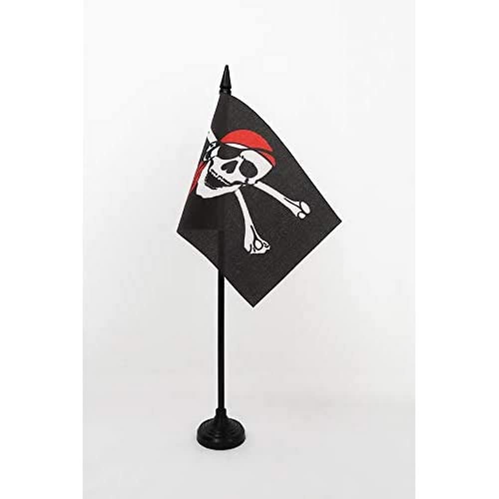 AZ FLAG - Pirate Red Bandana Table Flag 4'' x 6'' - Jolly Roger Office Mini Banner 100% Polyester 15 x 10 cm - Mini Desk Flag with 10'' Pole and Black Plastic Base