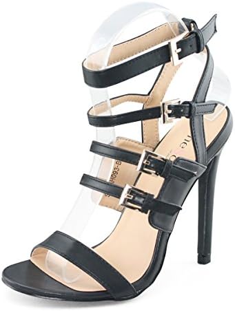 SHOEZY Women's Strappy Stiletto Heel Sandals Ankle Buckle Strap Shoes Black US 7