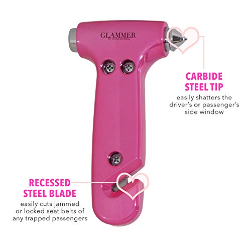 BLINGSTING Pink Glammer Safety Hammer - Auto Glass Window Breaker and Seat Belt Cutter Emergency Escape Tool for Women's Safety, Child Safety, Family Rescue in Vehicle Roadside Emergency