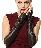 ELMA Lady's Sexy Fingerless Elbow Long Nappa Leather Driving Gloves Gold Plated Logo