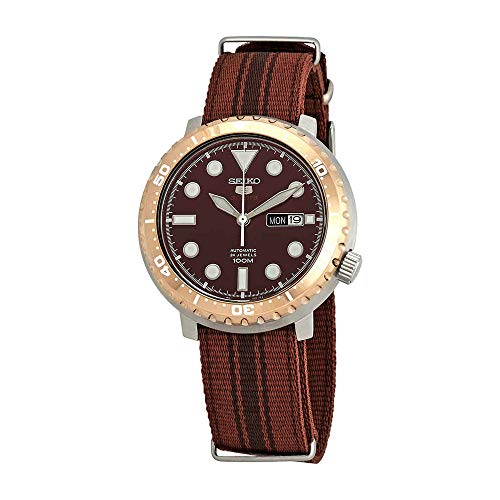 Seiko 5 'Bottle Cap' Sports 100m Automatic Root Beer Rose Gold Bezel Nylon Watch SRPC68K1