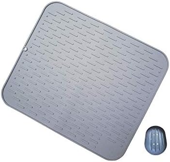 Silicone Dish Drying Mat Large Grey 17.70" x 15.75" Kitchen Counter Top Mat Large Silicone Heat Resistant Trivet with Soap Holder (Large, Grey)