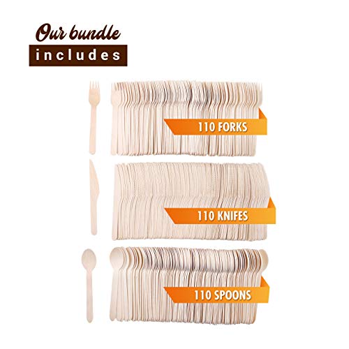 Biodegradable Disposable Wooden Cutlery Utensils - (Pack of 330) 110 Forks 110 Knives 110 Spoons 5.5-inch Set Eco-Friendly Compostable Silverware Kit Party Supplies Events