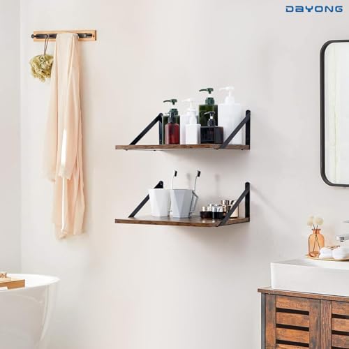 DAYONG Deep Wall Mounted Floating Shelf, 16W x 12D Rustic Wood Floating Shelves with Metal Brackets, Set of 2 Hanging Shelf for Kitchen, Living Room, Bathroom and Bedroom Decor (Rustic Brown)