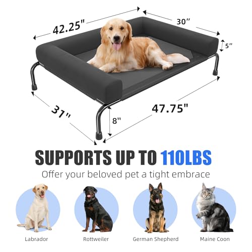 Simple Trending Elevated Dog Bed for Large Dogs, Cooling Raised Dog Cot with Bolsters, Breathable Pet Bed for Outdoor, 47.75" x 31", Black