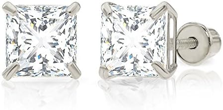 14k White Gold 6MM Cubic Zirconia Princess Cut Stud Earrings with Screw Backs