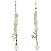 RainDesigns Handmade Natural Jade Bamboo Leaf Dangle Earrings Plant Leaf Fun 14K Gold Plated Jewerly Gift for Women Girl