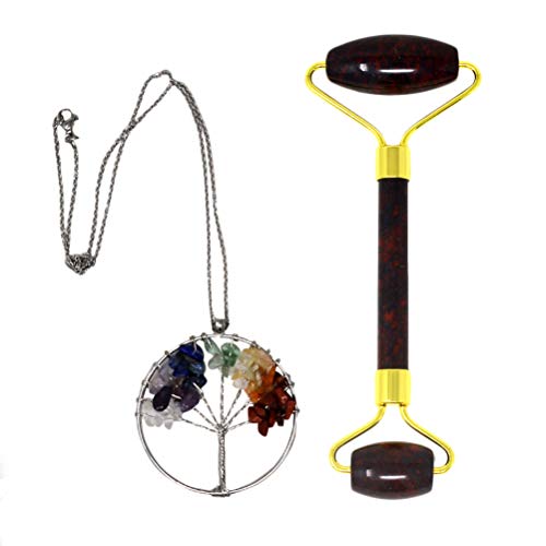 Jade Double-Head Roller Massager Natural Olive Jade Stone Slimming Face Neck Anti-wrinkle Massager Skincare Tool with Natural Stone Necklace (Flower ruby)
