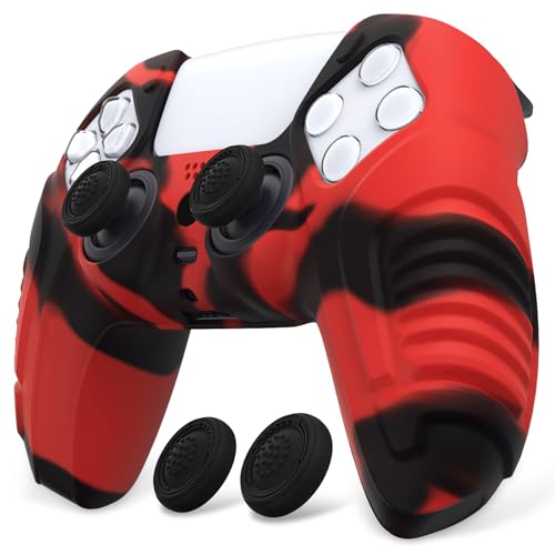 PlayVital Raging Warrior Edition Glow in Dark Controller Protective Case Cover for ps5, Anti-Slip Rubber Protector for ps5, Soft Silicone Skin with Thumb Grips - Red & Black