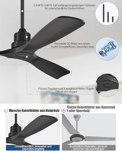 Forrovenco Ceiling Fan without Light 132 cm, Ceiling Fan with Remote Control, Outdoor Ceiling Fans, 3 Wooden Blades, 3 Extensions, 6 Levels, Reversible DC Motor, 132 cm, Black Without Light