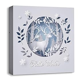 Canvas Wall Art Snow Deer Merry Christmas Painting Artwork for Home Prints Framed - 12x12 inches