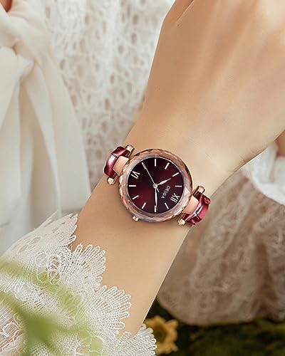 CIVO Damenuhr Elegant Lederarmband Analog Uhr Damen Minimalistische Quarz Armbanduhr Damen Klassische Rot wasserdichte Uhr Geschenke für Frauen