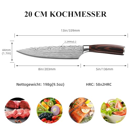 Sunnecko 20cm Messer Küchenmesser Kochmesser - Küchenmesser Profi Messer Scharfes Chefmesser Edelstahl Fleischmesser mit Pakkaholz Griff Allzweckmesser Scharf Klinge mit Geschenkbox für Weihnachten thumbnail 2