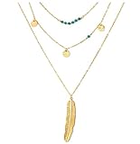 Suyi Exquisite Sequins Multilayer Chain Turquoise Beads Necklace with Feather Pendent Gold