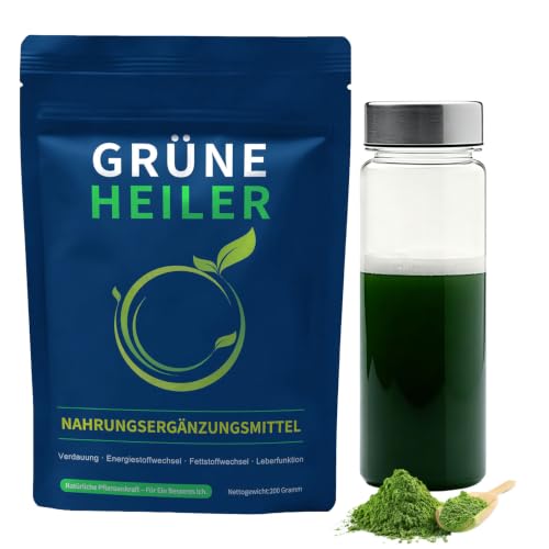 Green Detoxification Powder, 200 g Superfood Helper Powder with Spirulina, Barley Grass, Chlorella, Inulin, Choline, Probiotics & Blueberry for Digestion, Energy Metabolism, Fat Metabolism & Liver