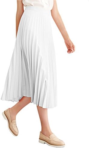 Simple Retro Women's Pleated Skirt Midi A Line High Waist Skirt,White,Medium