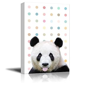 Peekaboo Animals Canvas Wall Art - Cute Panda Sticking Its Tongue Out on Colorful Dots Background - Gallery Wrap Modern Home Art | Ready to Hang - 12x18 inches