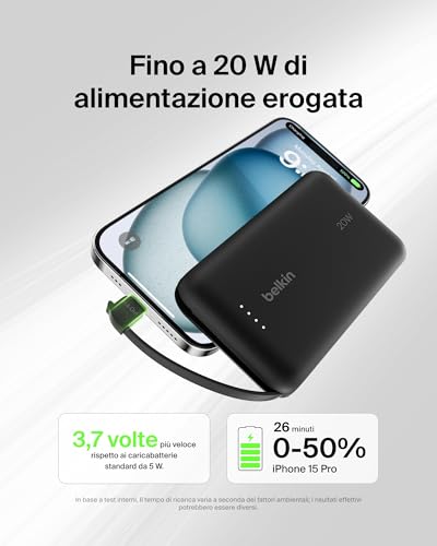 BoostCharge power bank 10 000 mAh con cavo integrato 20 W PD, caricatore portatile, ricarica USB-C PD rapida, power bank con ricarica rapida per iPhone 16 Series, iPad Pro, Galaxy S24 e altri