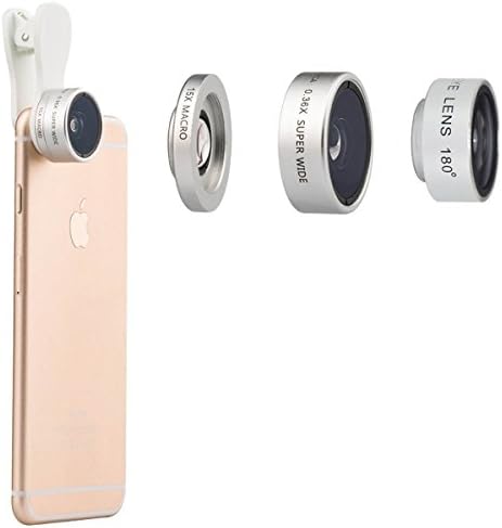 CEStore 3-in-1 Universal Clip-on Mobile Phone Camera Lens Kit for iOS Android Smartphone - 0.36X Super Wide Angle Lens / 15X Macro Lens / 180 Degree Fisheye Field of View Camera Lens - Sliver