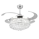 Huston Fan Modern Retractable Ceiling Fan Light Crystal Chandelier Ceiling Fan Remote for Indoor Bedroom Living Dining Restaurant LED Crystal Chandelier Fan,3 Color Setting-Not Dimmable,42 Inch Silver